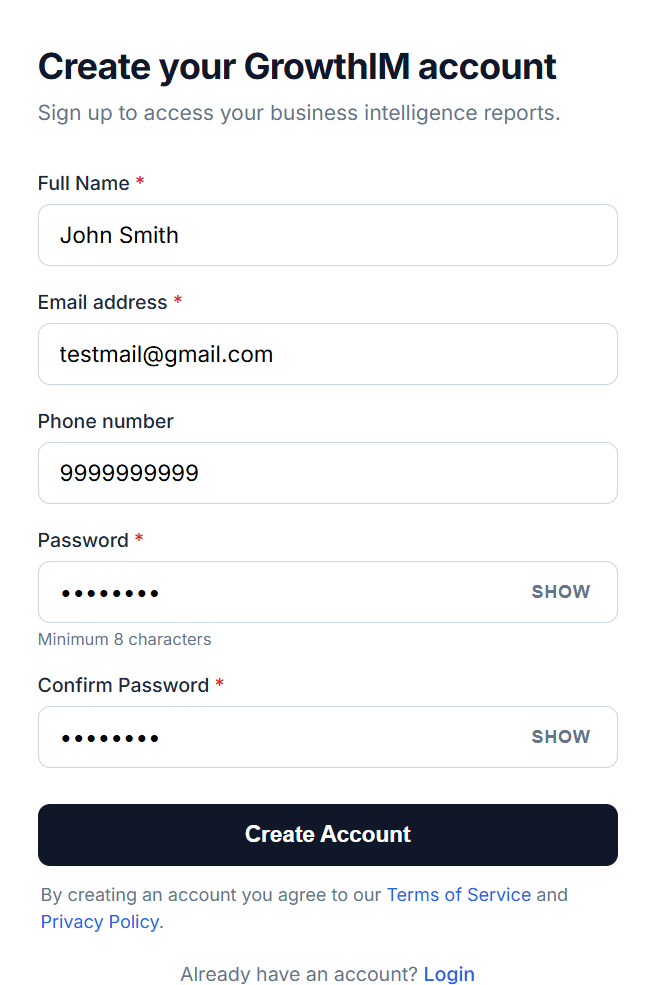 GrowthIM signup page