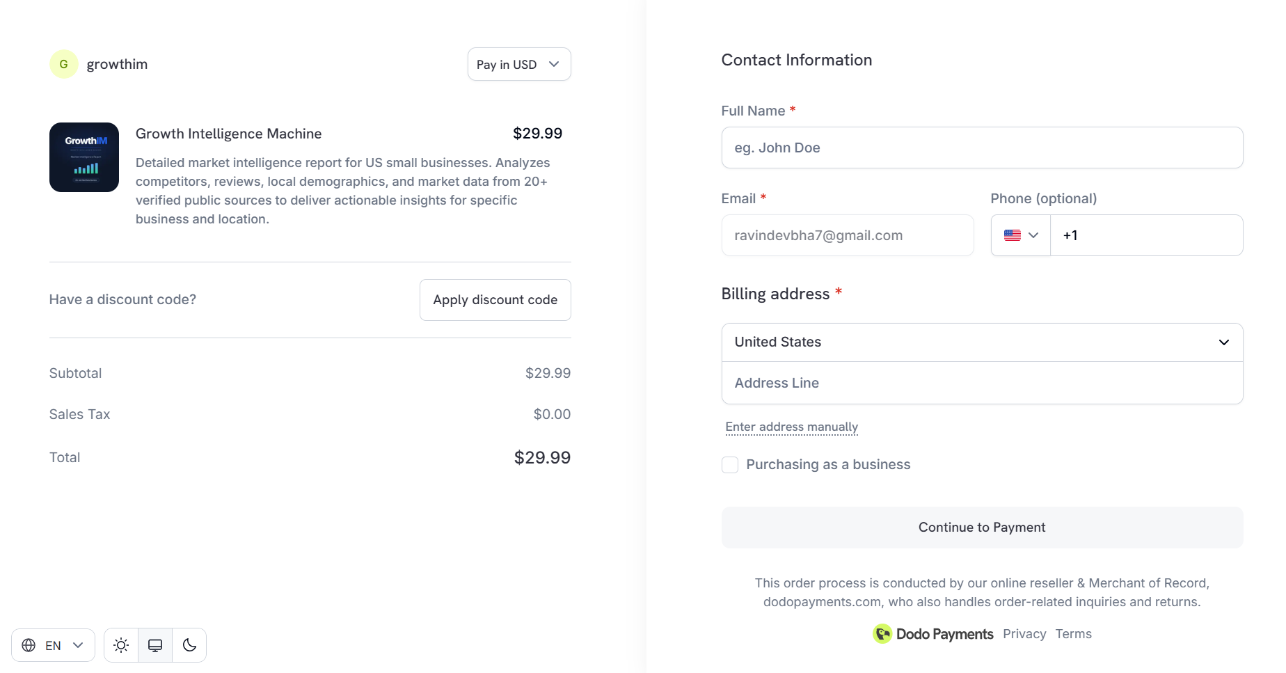 GrowthIM checkout, a one-time $29.99 report
